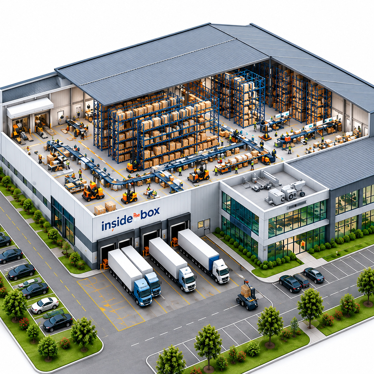 Isometric 3D cutaway view of a modern warehouse showing storage, material handling, picking, packing, loading and dispatch operations.
